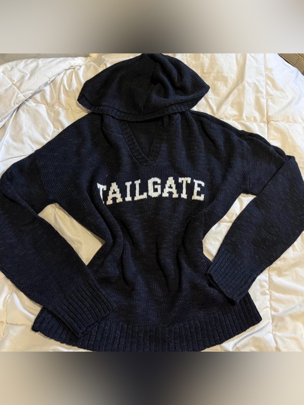 Tailgate Urban Hoodie Navy V-Neck Hooded Sweater Marled Loft Small S